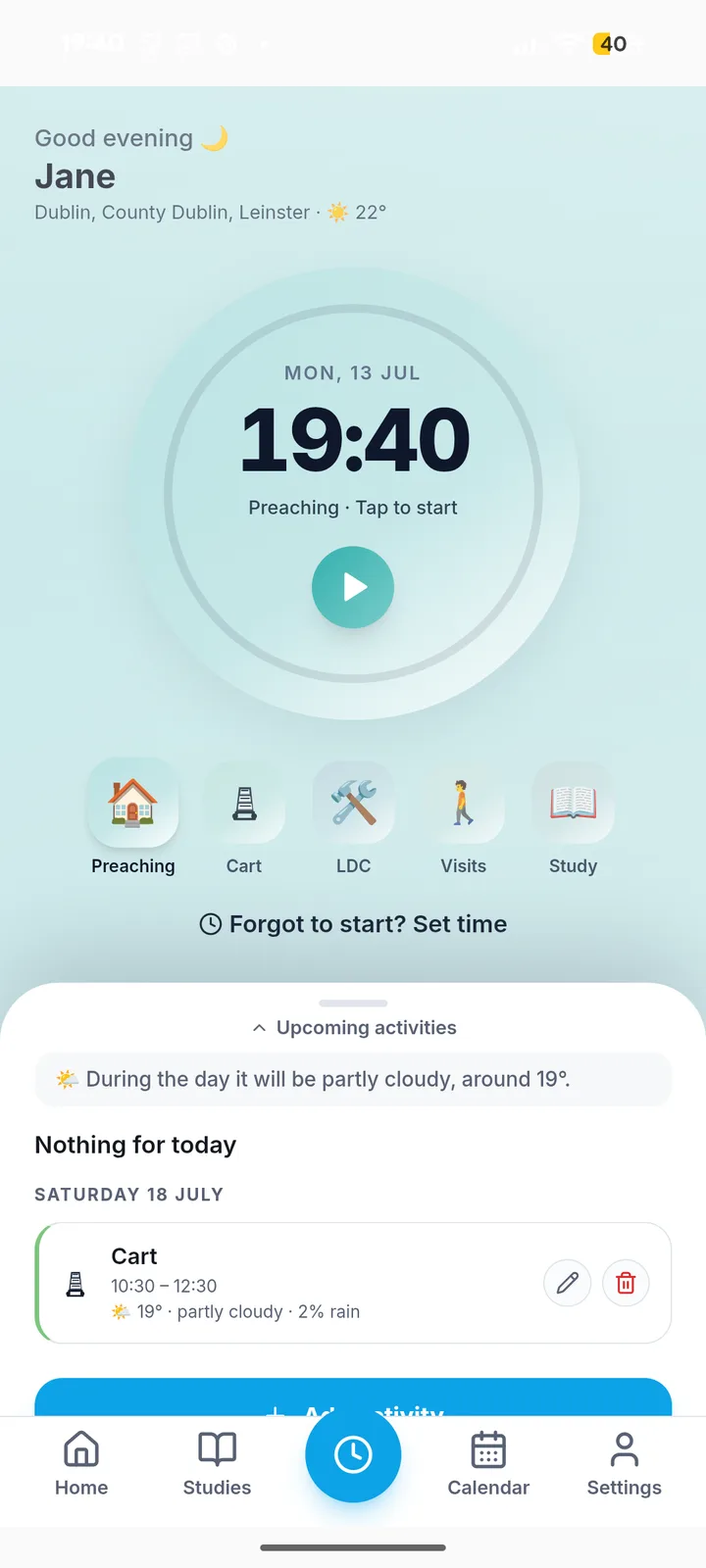 Home — timer and activity categories